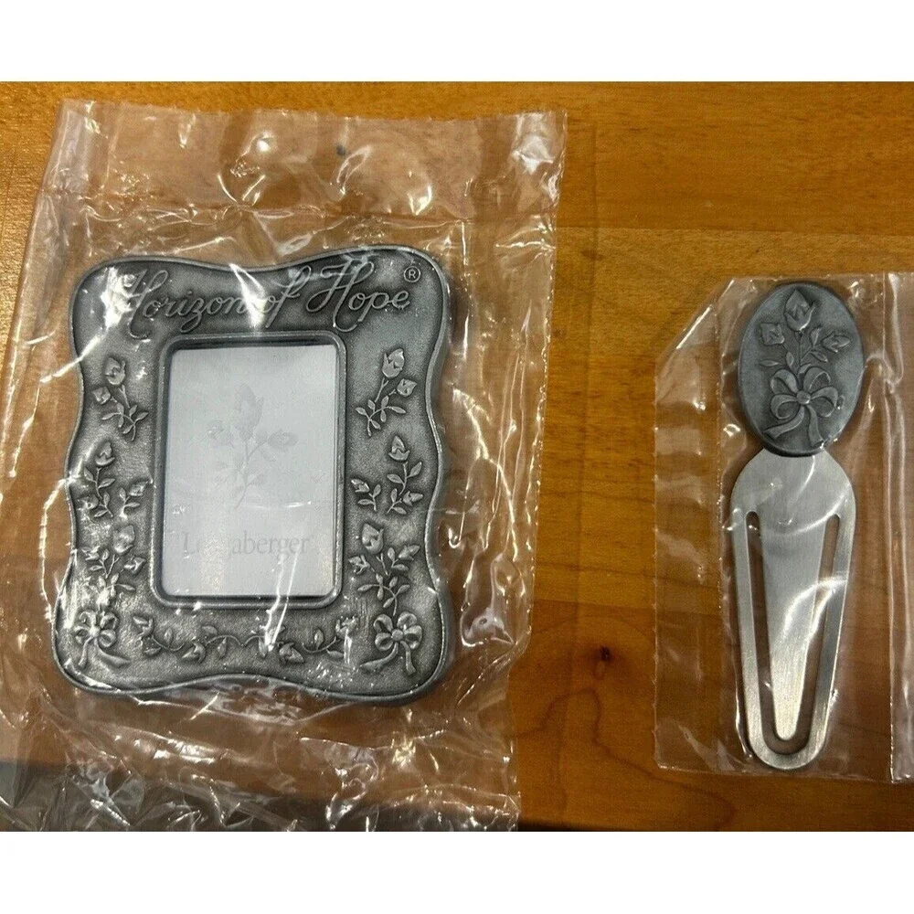 Longaberger Baskets Horizon of Hope Pewter Picture Frame‎ & Bookmark NEW floral